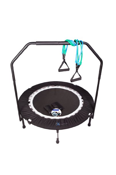 MaXimus Pro Quarter Folding Rebounder/Mini trampoline Fitness Package - Includes - Rebounding compilation DVD for beginners, Intermediate and Advanced levels, Toning and Stretch workouts, Resistance bands, Storage Bag, Sand weights, Stability Handle
