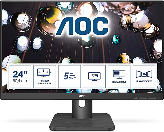 AOC 24E1Q - 24" FHD Monitor, 60Hz, 5ms, IPS, Speakers, FlickerFree, frameless Design (1920x1080 @ 60Hz, 250cd/m², HDMI/VGA/DP)