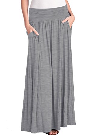 TRENDY UNITED Women's High Waist Fold Over Shirring Maxi Skirt with Pockets