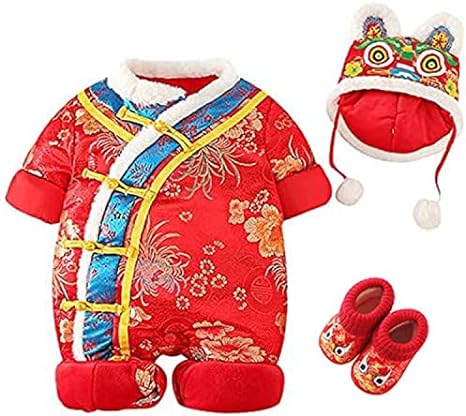 JELEUON 3 Pcs Baby Girls Kids Infant Winter Warm Chinese New Years Lunar Asian Tang Romper Outfit Suit With Hat and Shoes