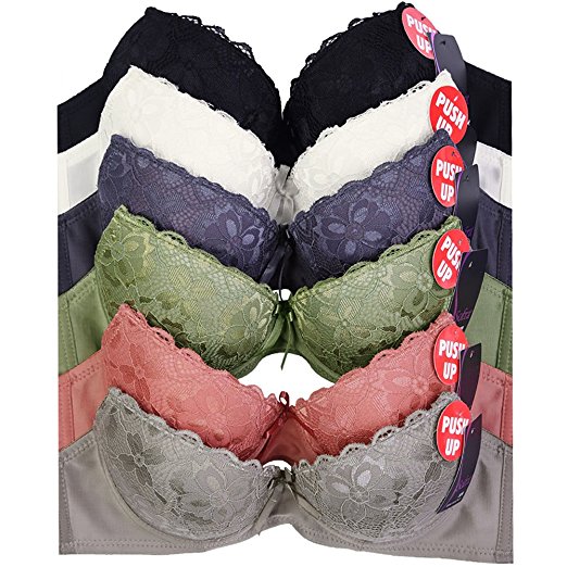 MaMia Women's Full Cup Push Up Lace Bras (Pack of 6)