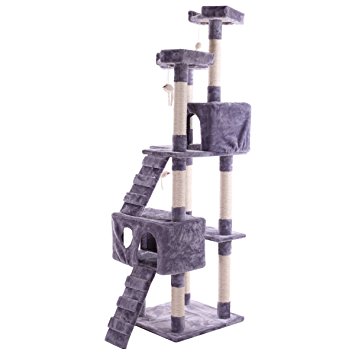 LAZYMOON 67" H Cat Acitivity Tree Tower Condo Furniture Scratching Post Pet Kitty Climbing Play House, Gray