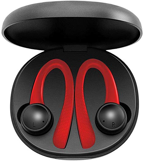 Jarv Active Motion True Wireless Earbuds - 5.1 Stereo Bluetooth Headphones with Protective Charging Case, Ear-Hook Design Sweatproof Sport Earphones, Built-in Mic and 20 Hours of Playtime - Red/Black