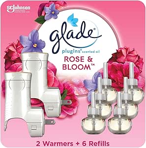 Glade PlugIns Refills Air Freshener Starter Kit, Scented and Essential Oils for Home and Bathroom, Rose & Bloom, 4.02 Fl Oz, 2 Warmers   6 Refills