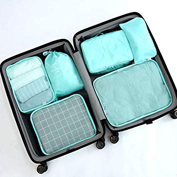Luggage Organizer, Suitcase Packing Cubes, Compression Cells, Accessories Bags Made With Wearable Waterproof Material. Perfect for Travel, Long Trips, Camping (Light Blue - 6 PCS)