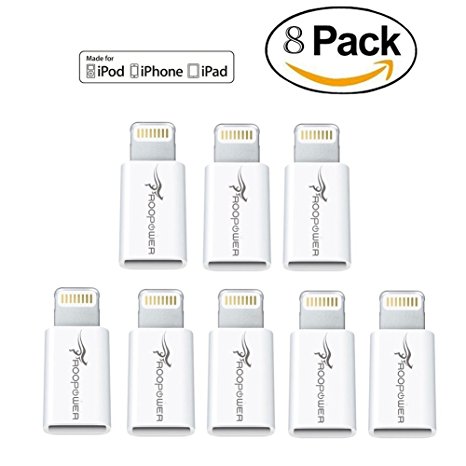 Lightning Adapter(8-Pack), Roopower Micro USB to 8-Pin Charge and Sync Adapter - Charge your iPhone / iPad / iPod with Micro USB Cables - Works With all iOS Updates (White)