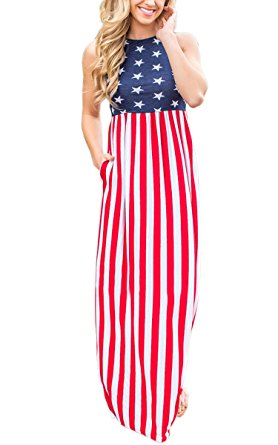 Angashion Women's American Flag Printing Long Dress Sleeveless Floor-length Maxi Dress