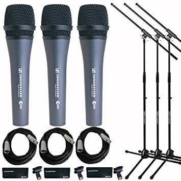 Sennheiser 3x e 835 Wired Cardioid Handheld Dynamic Lead Vocal Stage Microphone - With 3x Pyle PPMCL15 15ft Symmetric Microphone Cable XLR Female to XLR Male, 3x Samson MK10 Lightweight Boom Mic Stand