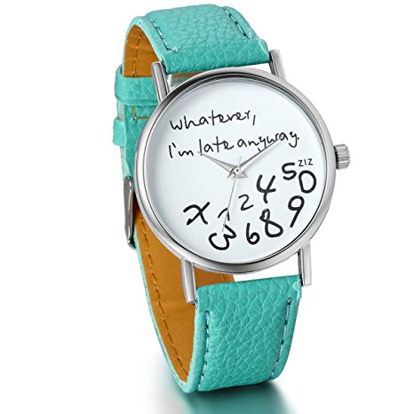 JewelryWe Unisex Female Women Ladies Girls "Whatever, I'm late anyway" Love Gift Leather Strap Watches Quartz Wrist Watch (Green)