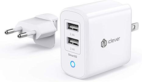 iClever BoostCube II 24W Dual USB Wall Charger with SmartID Tech, Travel Power Adapter with EU Detachable Plug (Whiteness)