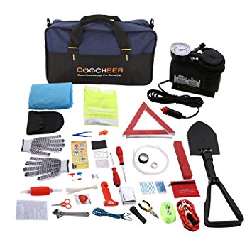 COOCHEER Auto Emergency Kit,Multifunctional Roadside Assistance 99-In-1 Car Safety Kit with Jumper Cables,Folding Military Shovel,Air Compressor,Tow Rope,Triangle,Flashlight,Tire Pressure Gauges,Safet