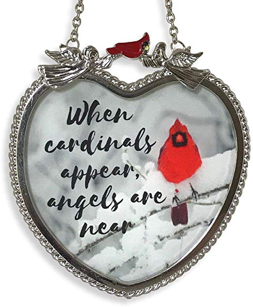 BANBERRY DESIGNS Memorial Cardinal Suncatcher - When Cardinals Appear Angels are Near Saying - Heart Shaped Glass Sun Catcher with Cardinals and Winter Scene