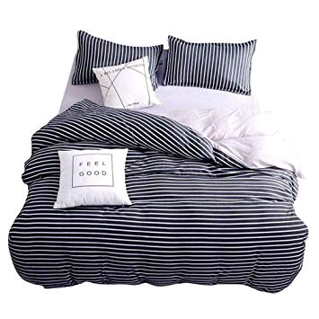 ughome Striped Duvet Cover Queen, Black and White Stripe Printed Comforter Cover, Zipper Closure and 4 Corner Ties Duvet Cover Sets, Quilt Cover and 2 Pillowcases Bedding Set
