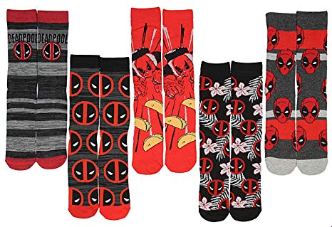 Marvel Deadpool Men's 5 Pair Pack Casual Crew Socks, Shoe Size 8-12