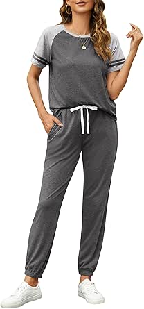 Ekouaer Lounge Sets for Women Two Piece Pajama Set Short Sleeve Crewneck Jogger Outfits and Sweatpants Tracksuit