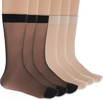 Women's Sheer Nylon Ankle Socks 6 Pack-Nude Crew Stocking Ultra Thin See Through Calf High Socks for Women