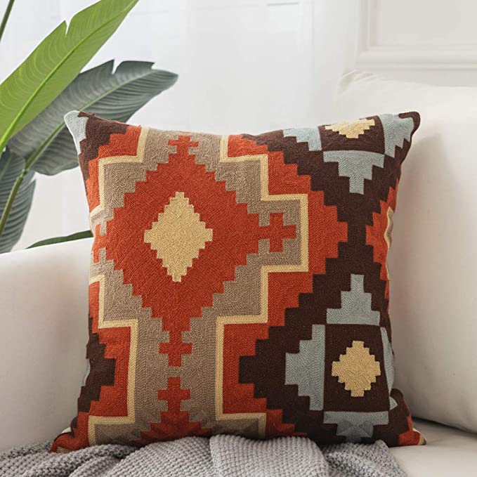 Fancy Homi Premium Cotton Embroidery Decorative Throw Pillow Covers, Kilim Style Square Pillow Case,Solid Cushion Cover for Couch/Sofa/Bedroom (20" x 20", Set of 1, Red)