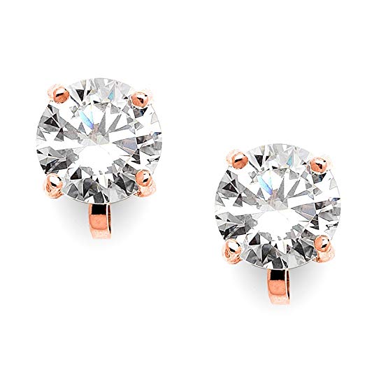 Mariell Cubic Zirconia Crystal Rose Gold Wedding Clip On Stud Earrings for Women, 2 Carat 8mm Round CZ