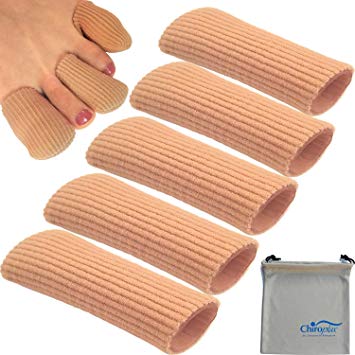 Chiroplax Gel Finger Toe Cap Sleeve (5 Long Caps  1 Pouch), Toe Protector Tube, Soft Fabric with Silicone Lining for Bunion, Hammer Toe, Callus, Corn, Blister (Medium)