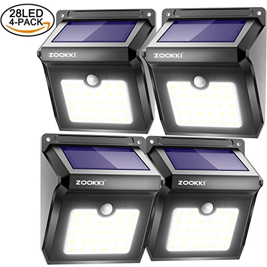 Zookki Upgraded 28 LEDs Wireless Solar Motion Sensor Light Rechargeable Waterproof Security Lights Powerful for Outdoors Wall Garden Patio Yard Pathway Weatherproof Outdoor Night Lighting 4 Pack