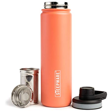 The Tea Spot, Double-Walled Everest Tea Tumbler, Insulated Stainless Steel Tumbler with removable tea infuser for hot and cold brewing, Water infuser (Coral, 22 oz)