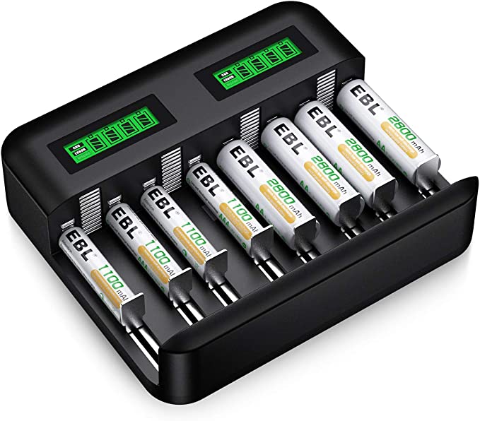 EBL LCD Universal Individual Battery Charger for AA AAA C D Rechargeable Batteries - 2800mAh AA Battery x 4, 1100mAh AAA Batteries x 4, Battery Charger and AA AAA High-capacity Rechargeable Batteries Set