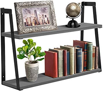 Sorbus 2-Tier Wooden Floating Shelf with Metal Brackets — Wall Mounted Rustic Industrial Wood Storage Wall Shelves for Home Décor in Living Room, Bathroom, Entryway (2-Tier Wood Shelf - Grey)