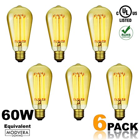 6 pack - Modvera 60W Equivalent LED Edison Bulb (uses 6 watts) ST58 Style 2200K Warm White Antique Filament Bulb E26 Base Dimmable Amber Glass