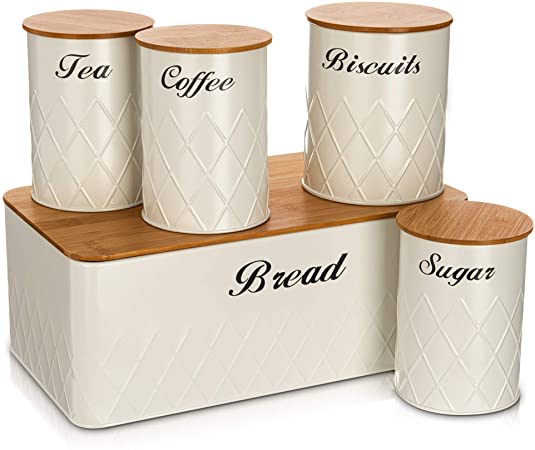 LIVIVO 5pc Kitchen Storage Set - Tea Coffee Sugar Biscuits & Bread Bin Jars Canisters (White)