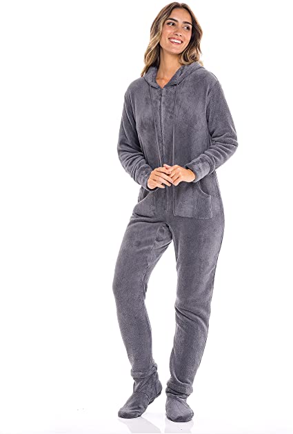 Alexander Del Rossa Women's Warm Fleece One Piece Footed Pajamas, Adult Onesie with Hood for Winter