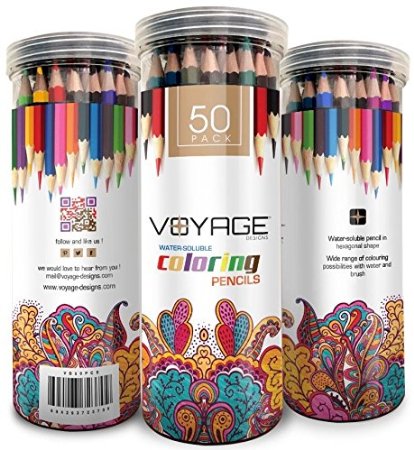 Colored Pencils by Voyage Designs Pack of 50 Adult Coloring Pencils Assorted Colors, Water Soluble Color Pencil Set, Durable Case, for Adult Coloring Books, Drawing, Sketch, Artists. Pencils for Kids