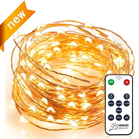 String Lights, Venhoo Dimmable Copper Wire LED Starry Lights Waterproof Outdoor Indoor Rope Decorative Lights for Party, Patio with Timer Function, Remote, UL Certified-33ft 100LEDs Warm White