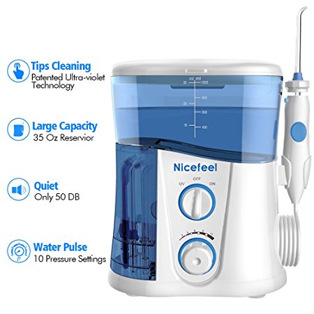Nicefeel Water Flosser - Water Flossing Dental Oral Irrigator with Exclusive Sanitizer Light, Water Flossers for Teeth Dental Flossers for Braces 10 Pressures 35 Oz with 7 Jet Tips FDA Approved