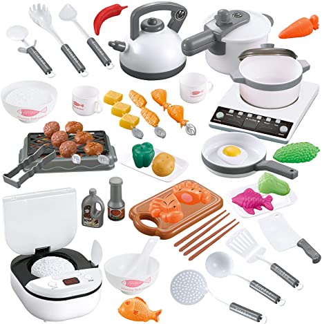 TIKTOK 59 PCS Pretend Play Toy Kitchen Set, Toy Food Cookware Playset Steam Pressure Pot and Electric Induction Cooktop,Cooking Utensils,Toy Cutlery,Cut Play Food, for Girls Boys Kids White