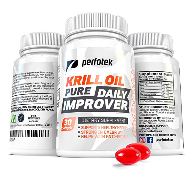 Pure Krill Oil Omega 3 Supplement By Perfotek - High Grade Pure Essential Fatty Acids EPA DHA Astaxanthin - 30 Antarctic Small Soft Gel Capsules