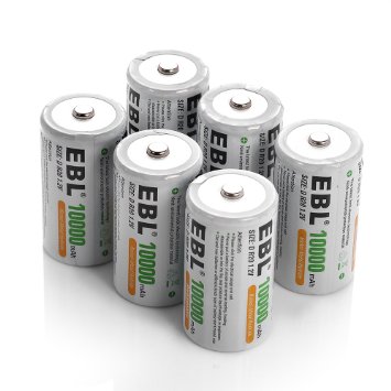 EBL 10,000mAh D Cell D Size Performance Rechargeable Batteries, 6 Pack