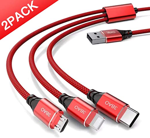 USB Multi Charging Cable,(2-Pack 5ft) 3 in 1 Nylon Braided Multiple Phone Charger Cord with USB Type-C/Micro/IP Port Connectors Cable Compatible with Samsung ,HUAWEI,HTC,LG,Sony,Google Pixel more Cell phone and Tablets (Red)