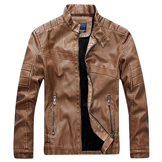 URBANFIND Men's Slim Motorcycle Coat Vintage Leather Jacket Winter Fleece Jacket