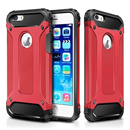 iPhone 5S Case,iPhone 5 Case,Wollony Rugged Hybrid Dual Layer Armor Protective Back Case Shockproof Cover for iPhone 5/5S - Heavy Duty - Slim Hard Shell Protection - Impact Resistant Bumper (Red)