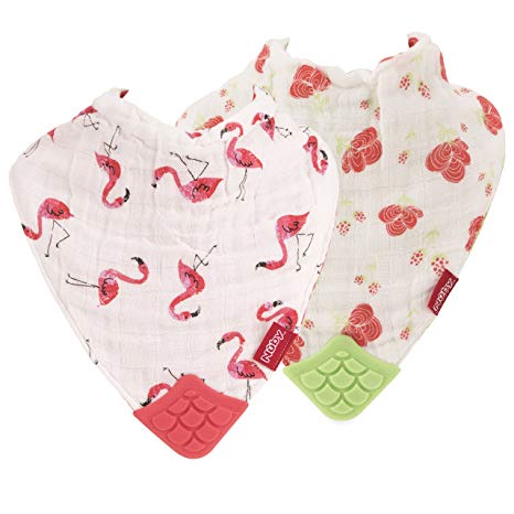 Nuby 2 Piece Reversible 100% Natural Cotton Muslin Teething Bib, Flamingo/Flowers, Pink/Green