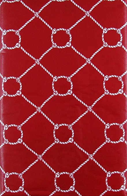 Nautical Rope with Zipper Umbrella Hole Vinyl Flannel Back Tablecloth (Red, 60" x 84" Oblong)