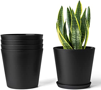 Mkono 6.5 Inch Plastic Planters Indoor Set of 5 Flower Plant Pots Modern Decorative Gardening Pot with Drainage Hole and Tray for All House Plants, Herbs, Foliage Plant, and Seed Nursery, Black