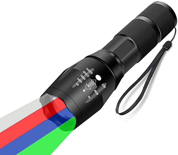WAYLLSHINE 4 in 1 Multicolor Red Green Blue White Flashlight, Single Mode White Red Green Blue Light Flashlight, White Red Green Blue LED Red Green Blue White Red Light for Outdoor Activities