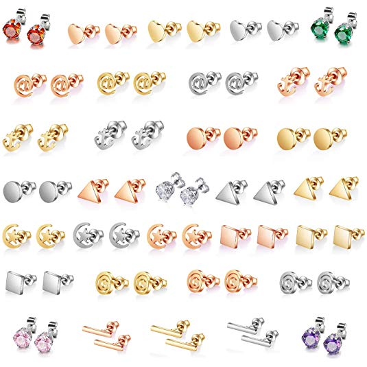 32 Pairs Assorted Stainless Steel Stud Earrings for Teens Girls Women-Cute Animal Faux Pearl Cat Elephant Sun Moon Star CZ Twise Heart Geometric Pattern Small Statement Bar Stud Earring Set