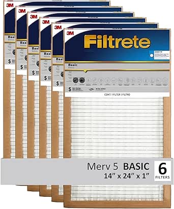 Filtrete 14x24x1 Air Filter, 3M MERV 5 HVAC AC Furnace Filter Replacement, 6-Pack (Actual Size 13.81x23.81x0.88 in)