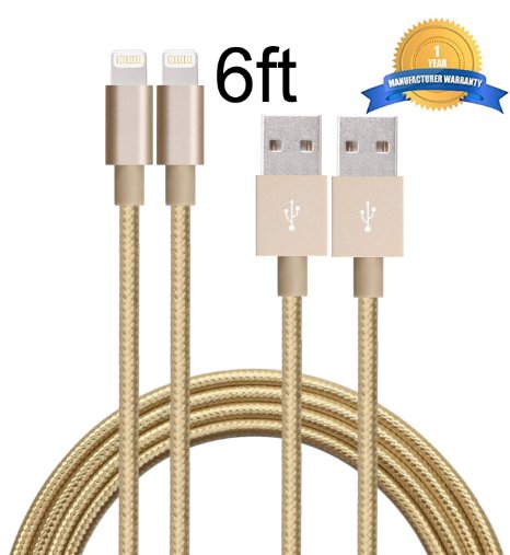 Mribo 2pcs 6FT 8Pin Lightning Cable Nylon Braided Charging Cable Extra Long USB Cord for iphone 6s 6s plus 6plus 65s 5c 5iPad Mini AiriPad5iPod on iOS9gold