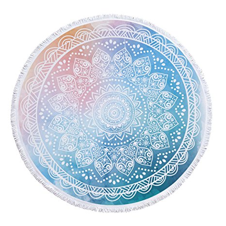 SOFTBATFY Watercolor Blue Mandala Thick Terry Round Beach Towel/Round Beach Blanket/Round Beach Mat Roundie Tapestry/Round Yoga Mat with Fringe Tassels (Watercolor Blue)