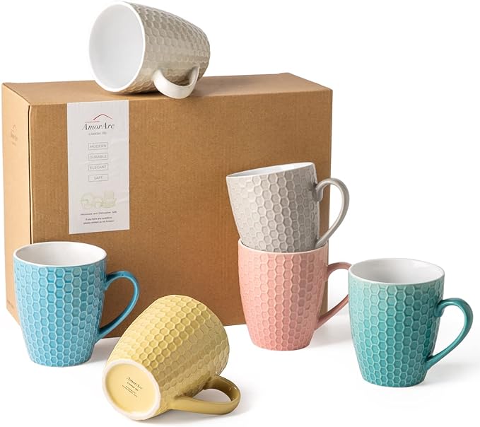 AmorArc Large Coffee Mugs Set of 6, 20oz Coffee Cups for Latte/Cappuccino/Tea/Cocoa, Ceramic Coffee Mugs with Textured Patterns for Men Women Mom Dad, Dishwasher&Microwave Safe, Multi-color