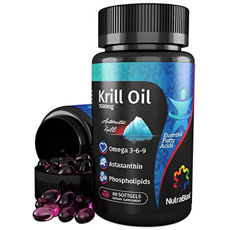 NutraBlast Krill Oil 1000mg Essential Fatty Acids Omega 3-6-9, Astaxanthin and Phospholipids - Made in USA (60 Softgels)