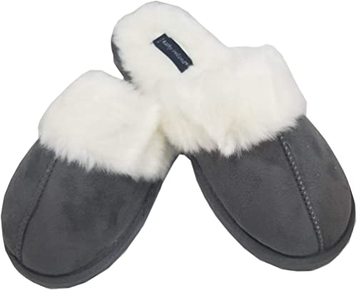 kathy ireland Women's Suede Faux Fur Memory Foam Indoor/Outdoor Slippers